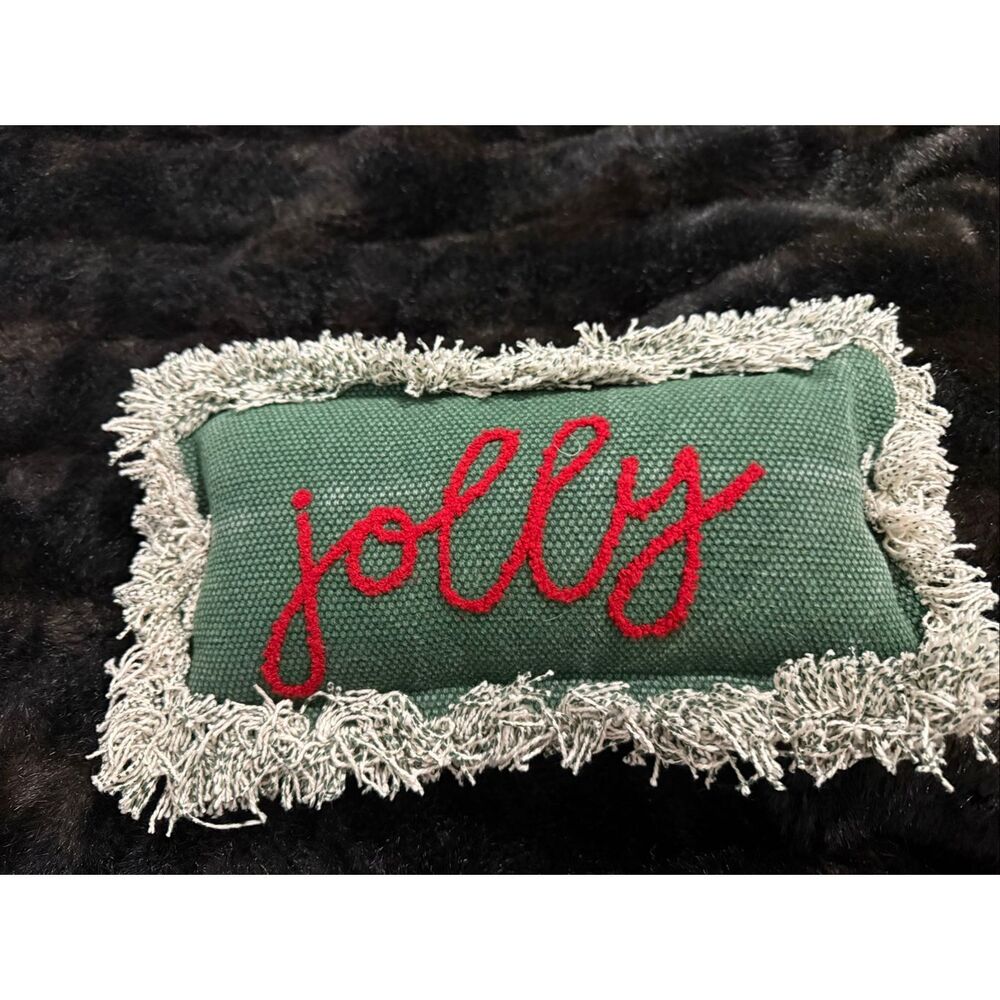 Mud pie Christmas Jolly Small Fringe Pillow Red Green